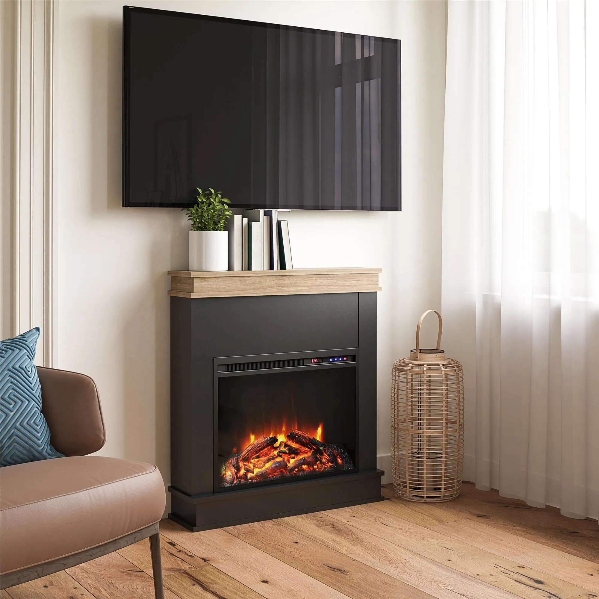 Mateo Electric Fireplace with Mantel and Touchscreen Display, Black with Natural Mantel