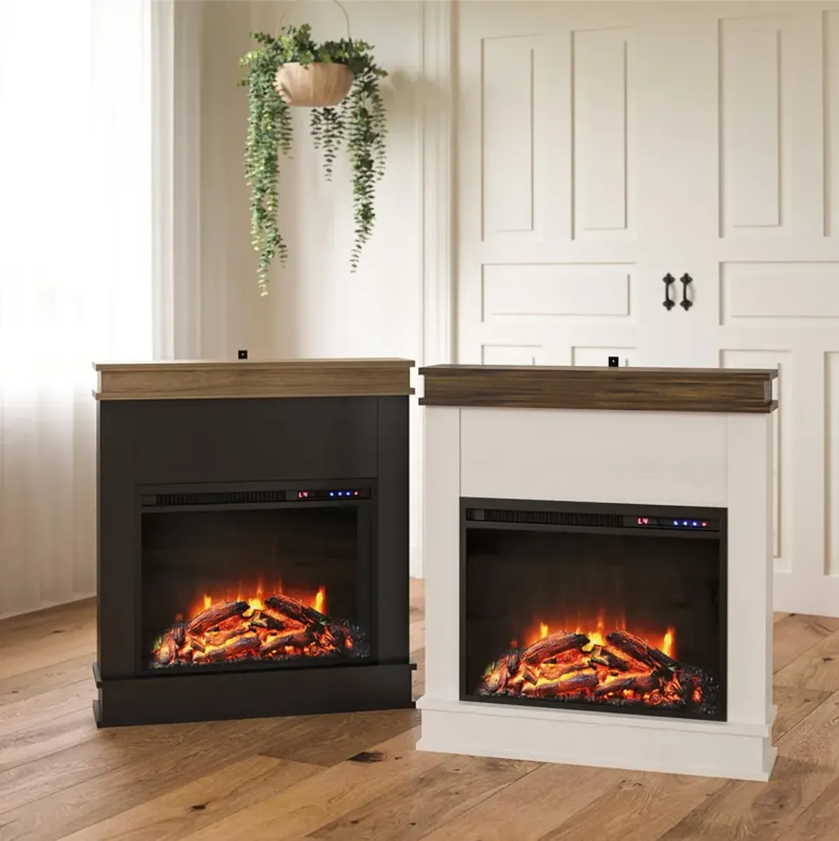 Mateo Electric Fireplace with Mantel and Touchscreen Display, Black with Natural Mantel