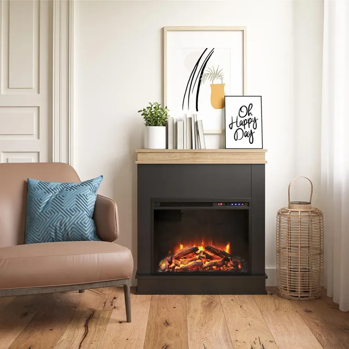 Mateo Electric Fireplace with Mantel and Touchscreen Display, Black with Natural Mantel