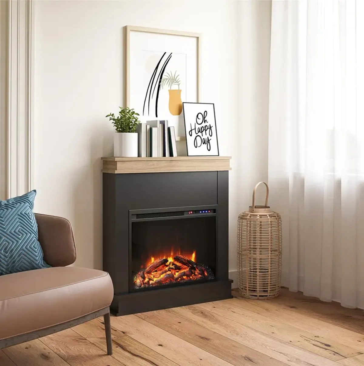 Mateo Electric Fireplace with Mantel and Touchscreen Display, Black with Natural Mantel