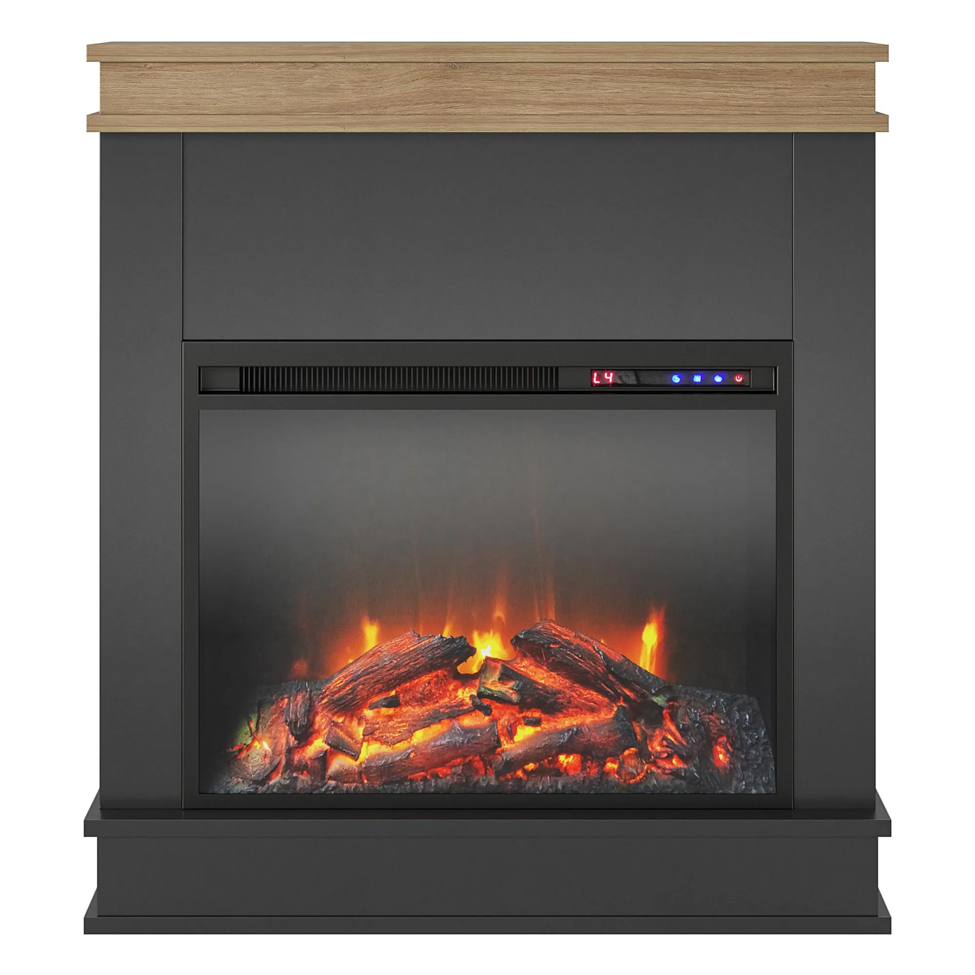 Mateo Electric Fireplace with Mantel and Touchscreen Display, Black with Natural Mantel