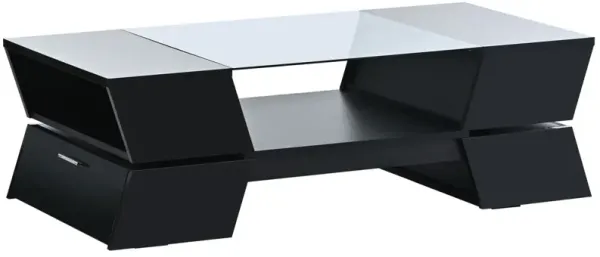 6mm Glass-Top Coffee Table with Open Shelves and Cabinets, Geometric Style Cocktail Table with Great Storage Capacity, Modernist 2-Tier Center Table for Living Room