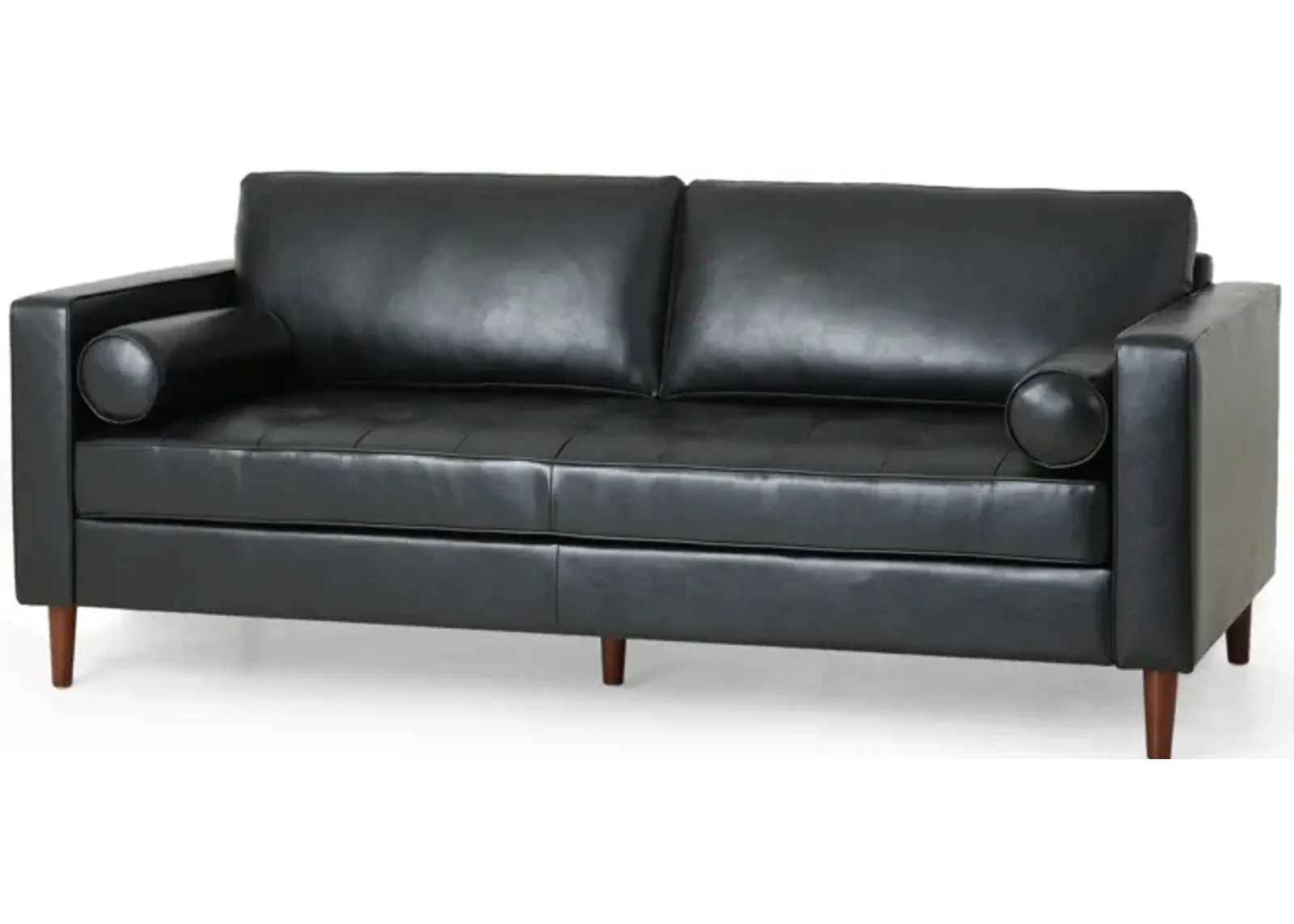 Ayla Sofa, 2 Bolster Pillows, Plush Tufted Black Faux Leather