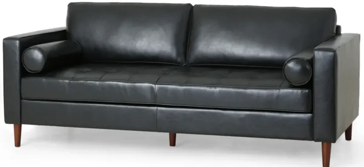 Ayla Sofa, 2 Bolster Pillows, Plush Tufted Black Faux Leather