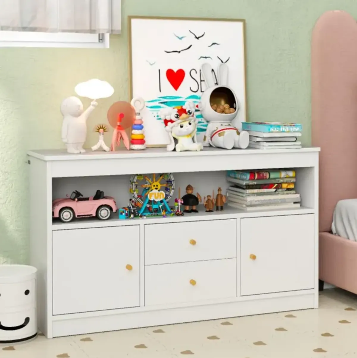 Hivvago Kids Toy Storage Organizer with Open Shelf and 2 Drawers for Playroom-White