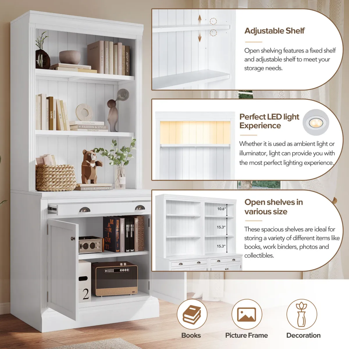 Merax 83.4"Tall Bookshelf with LED Lighting, Modern Bookcase with 2 Doors and 1 Drawer,Storage Bookcase with Open Shelves