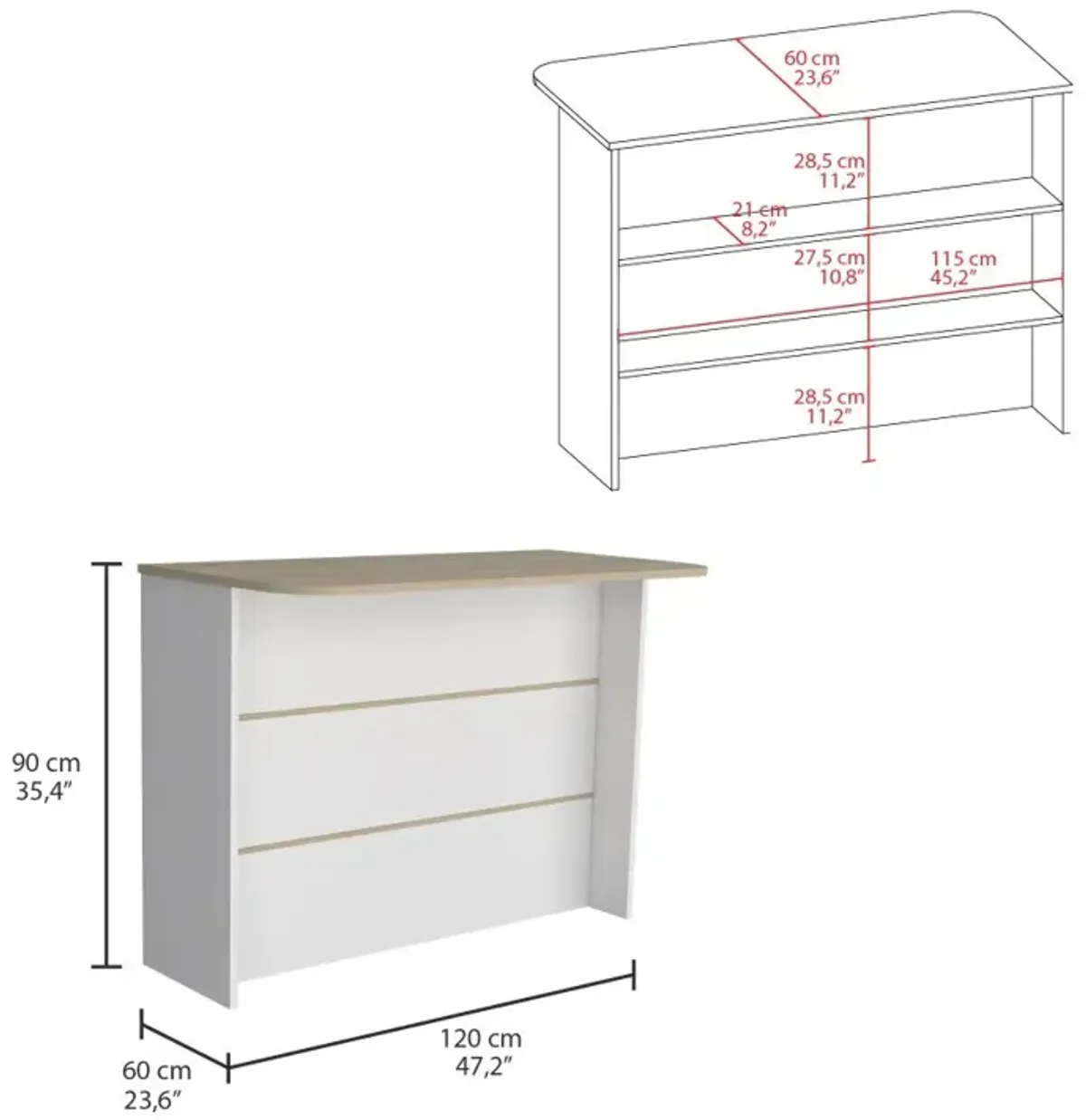 Fendi Kitchen & Dining room Island with Ample Workstation and 2-Tier Shelf -White / Light Pine