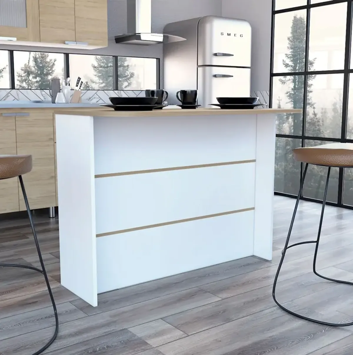 Fendi Kitchen & Dining room Island with Ample Workstation and 2-Tier Shelf -White / Light Pine