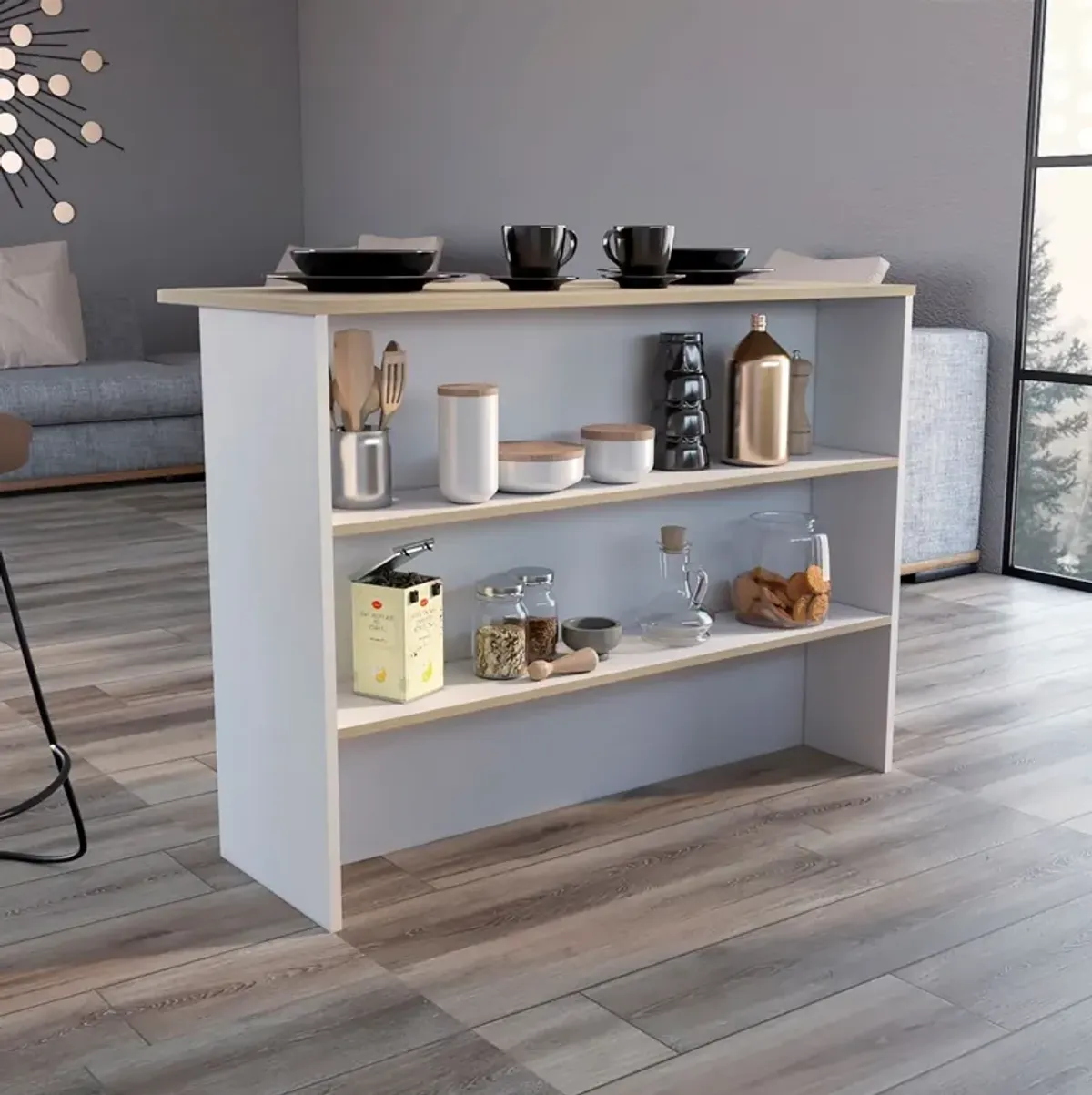 Fendi Kitchen & Dining room Island with Ample Workstation and 2-Tier Shelf -White / Light Pine