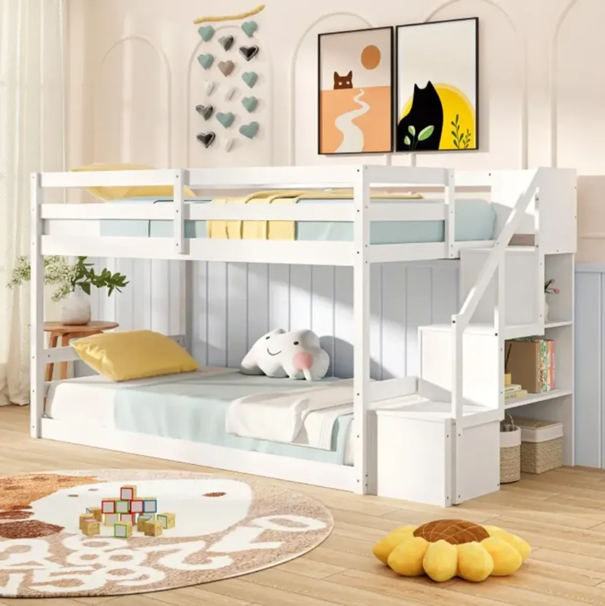 Hivvago Twin Over Twin Low Bunk Bed with Storage Stairs Solid Wood Floor Bunk Bed Frame