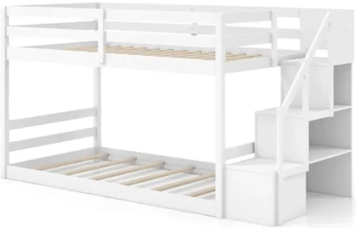 Hivvago Twin Over Twin Low Bunk Bed with Storage Stairs Solid Wood Floor Bunk Bed Frame