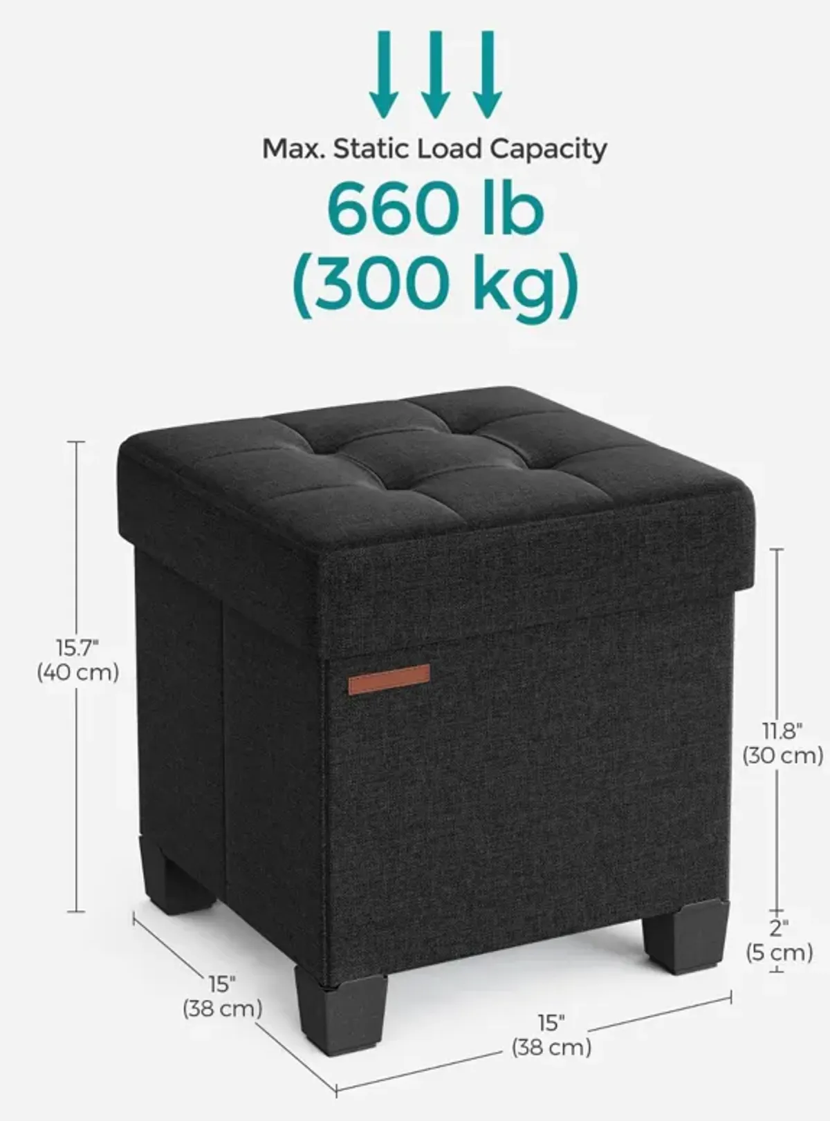 Collapsible Cube Storage Ottoman Foot Stool with Wooden Feet and Lid - Comfortable Seat with Soft Padding