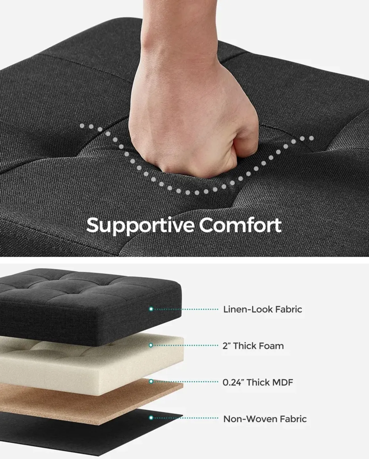 Collapsible Cube Storage Ottoman Foot Stool with Wooden Feet and Lid - Comfortable Seat with Soft Padding