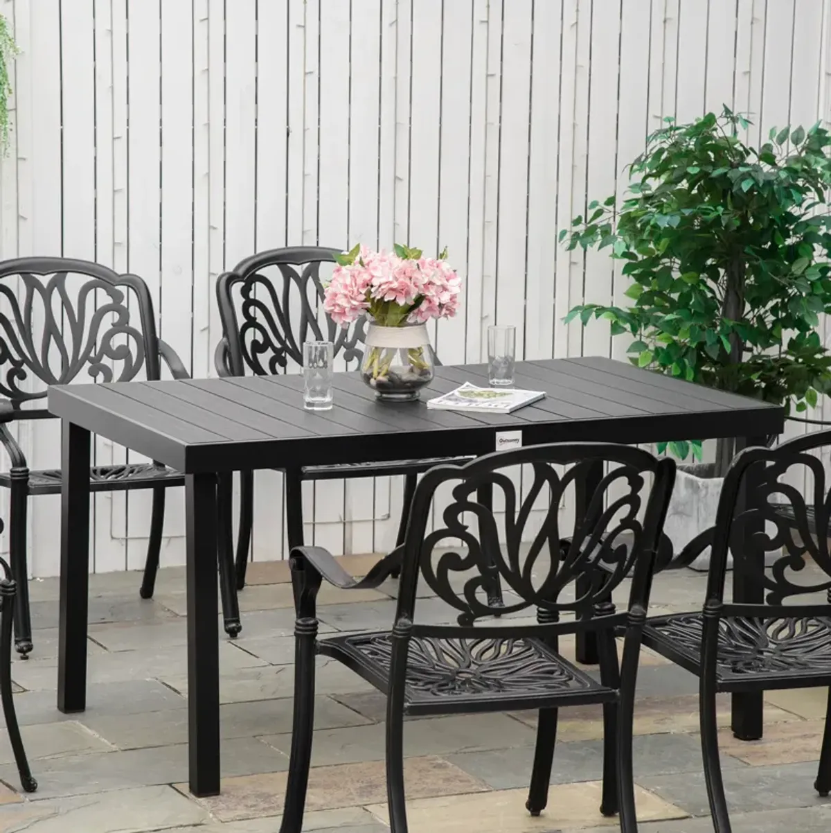 Black Outdoor Dining: Rectangular Aluminum Patio Table for 6