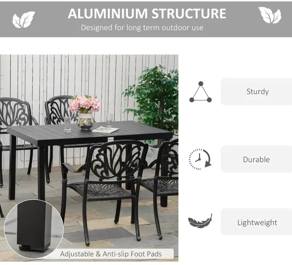 Black Outdoor Dining: Rectangular Aluminum Patio Table for 6