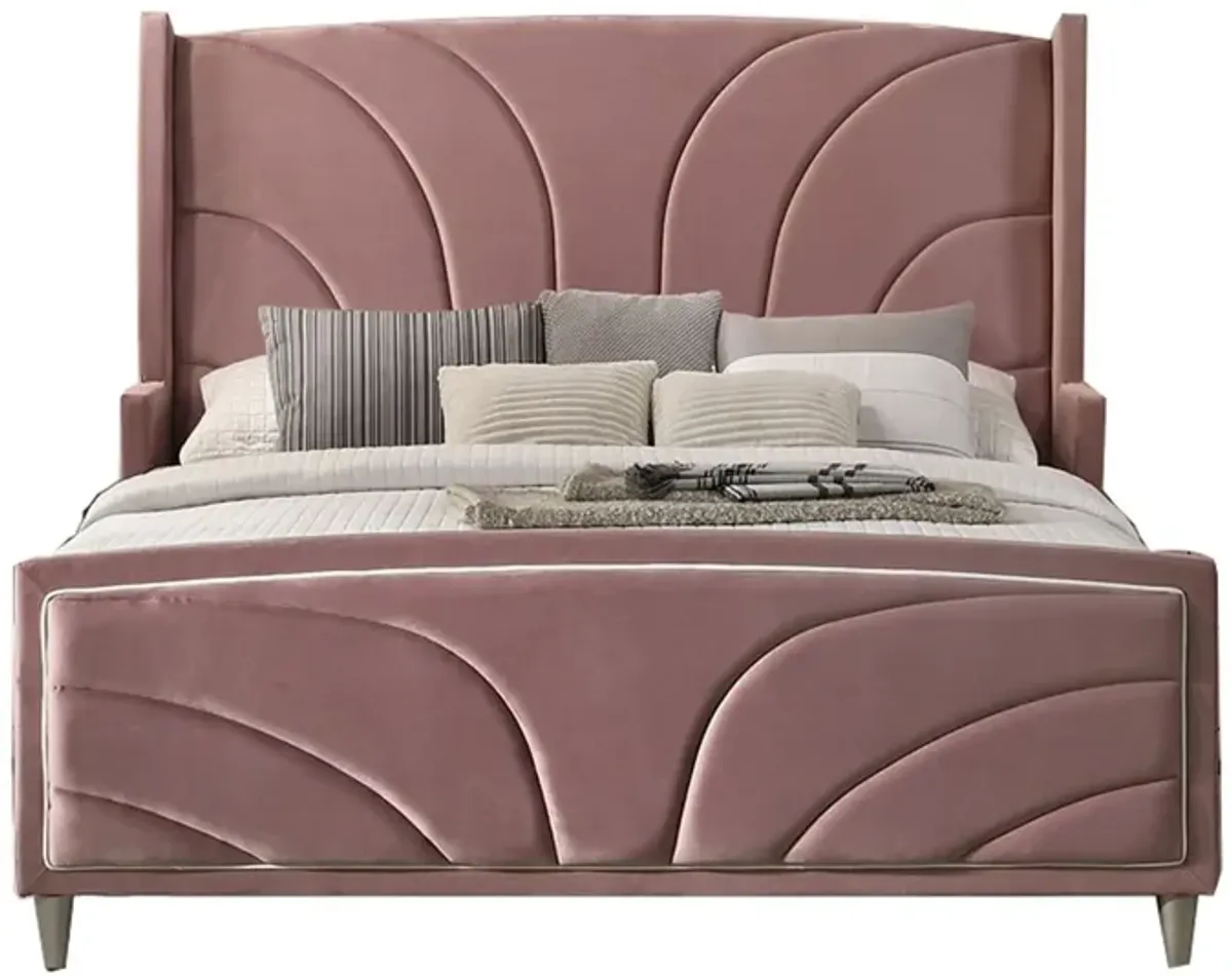 Kerith Modern Wood King Size Bed, Wingback Frame, Pink Velvet, Chrome Legs-Benzara