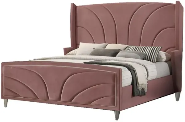 Kerith Modern Wood King Size Bed, Wingback Frame, Pink Velvet, Chrome Legs - Benzara