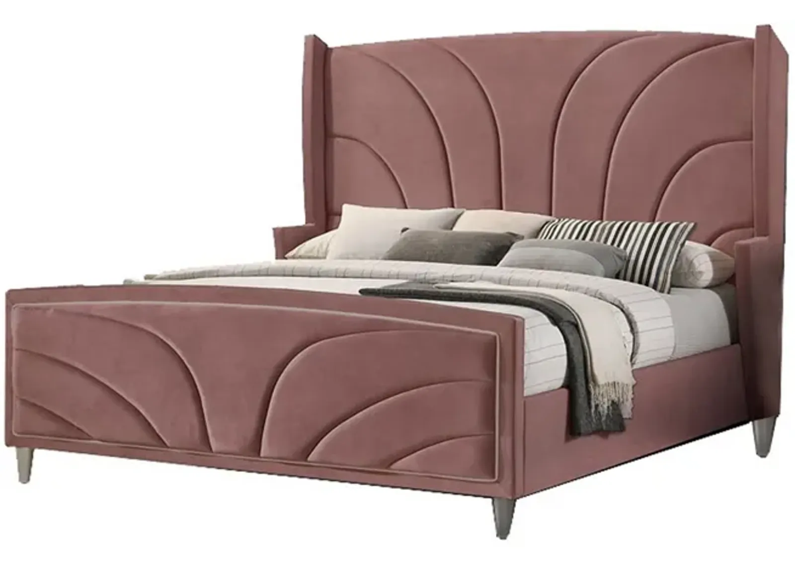 Kerith Modern Wood King Size Bed, Wingback Frame, Pink Velvet, Chrome Legs-Benzara