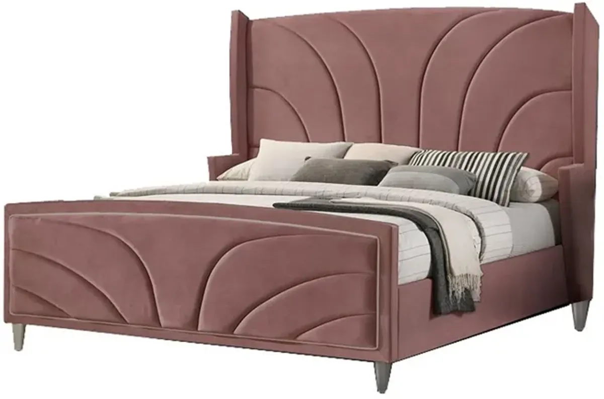 Kerith Modern Wood King Size Bed, Wingback Frame, Pink Velvet, Chrome Legs-Benzara