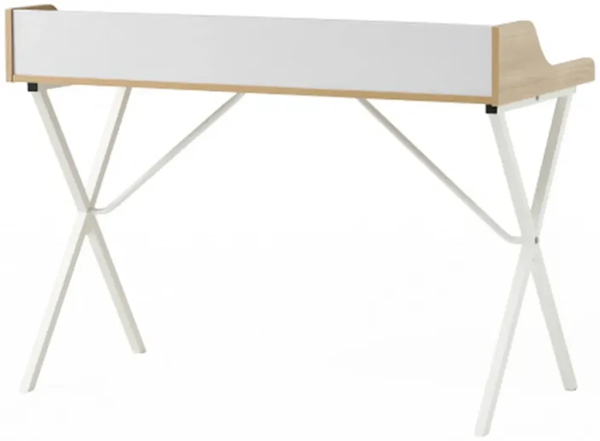 Computer Desk with Built-In Hutch, 47 Inch, Melamine, White Iron Legs - Benzara