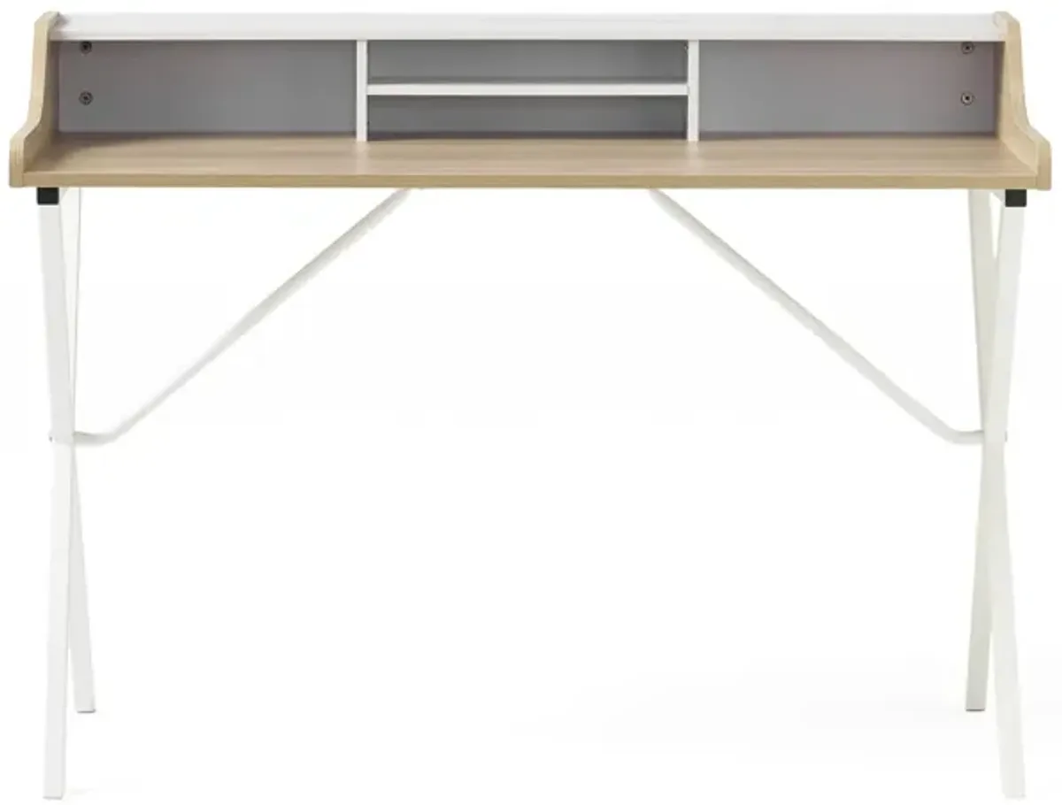 Computer Desk with Built-In Hutch, 47 Inch, Melamine, White Iron Legs - Benzara