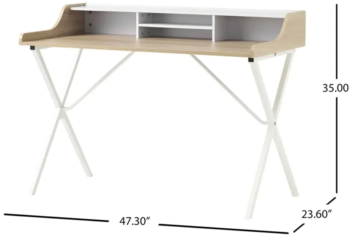 Computer Desk with Built-In Hutch, 47 Inch, Melamine, White Iron Legs - Benzara