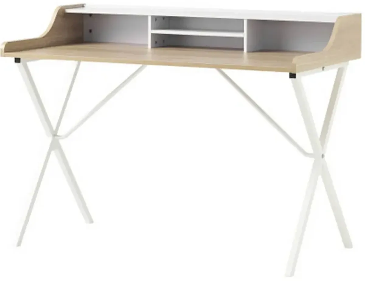 Computer Desk with Built-In Hutch, 47 Inch, Melamine, White Iron Legs - Benzara