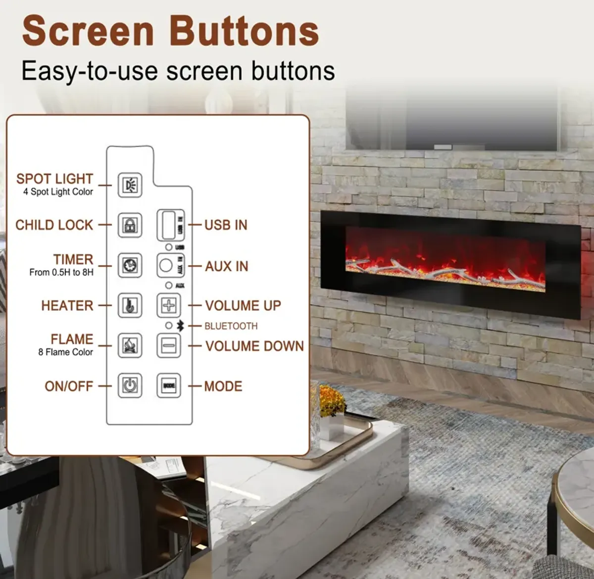 MONDAWE 60" Wall-Mounted Electric Fireplace 5120 BTU Heater with Bluetooth Speaker & Remote Control Adjustable Flame Color & Temperature Setting