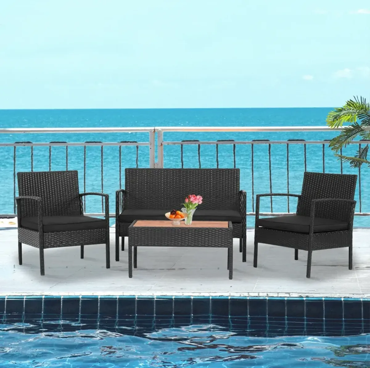 4 Pieces Patio Rattan Cushioned Furniture Set with Wooden Tabletop