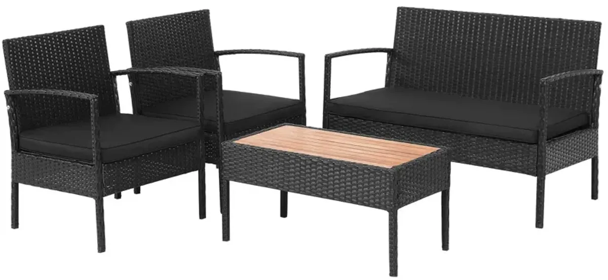 4 Pieces Patio Rattan Cushioned Furniture Set with Wooden Tabletop