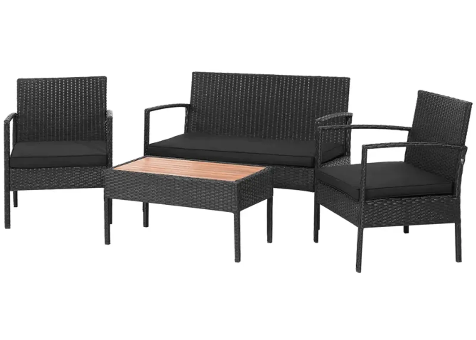 4 Pieces Patio Rattan Cushioned Furniture Set with Wooden Tabletop