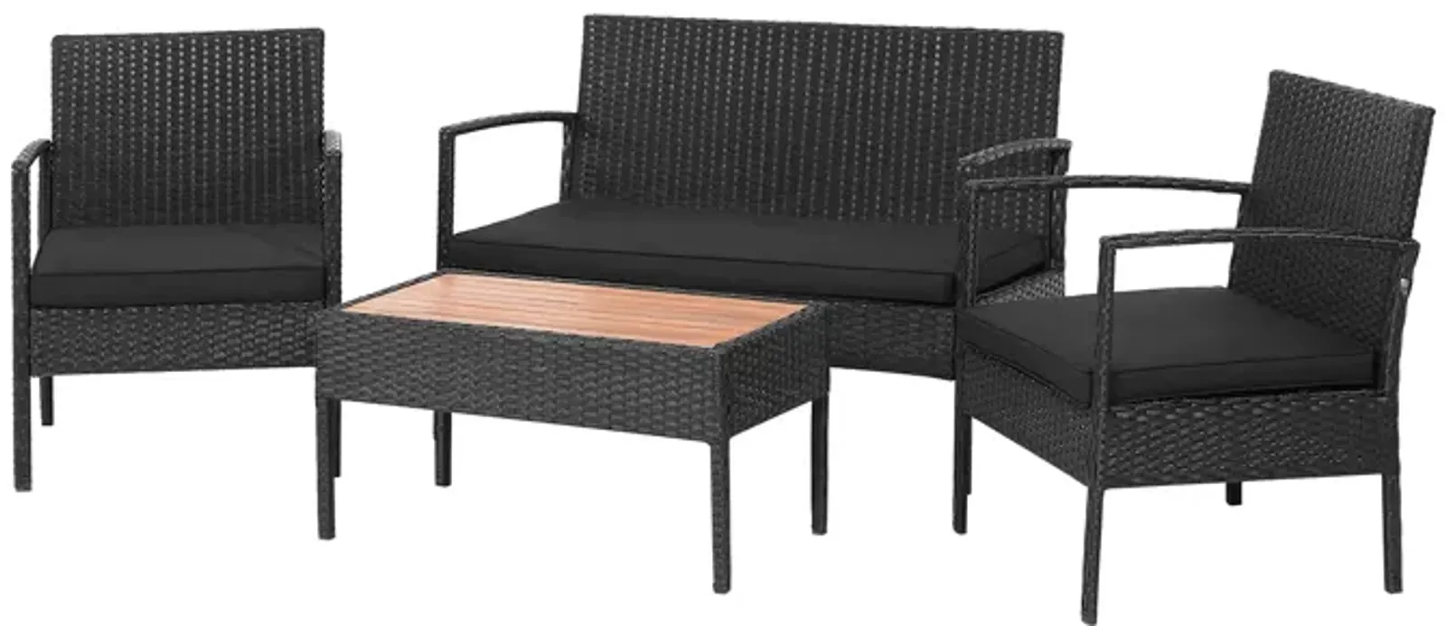 4 Pieces Patio Rattan Cushioned Furniture Set with Wooden Tabletop