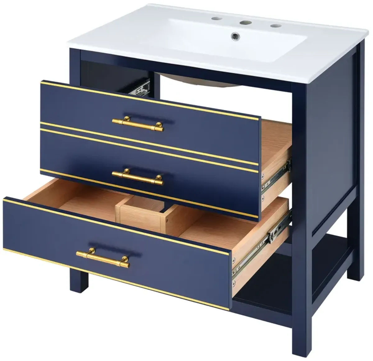 Modern 30inch Navy Blue/White Bathroom Vanity Cabinet Combo with Open Storge, Two Drawers