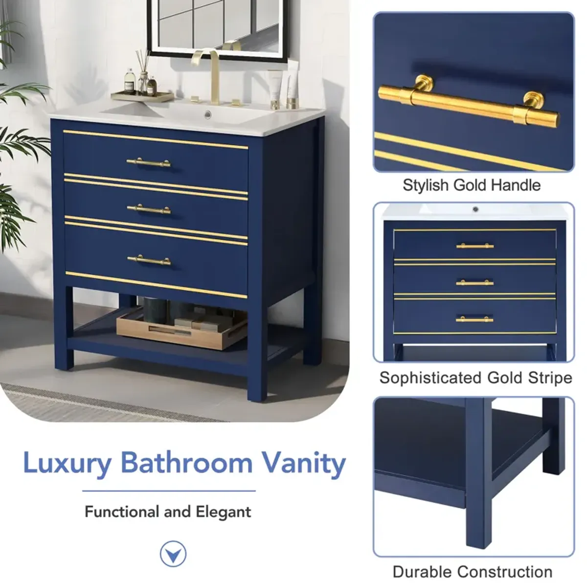 Modern 30inch Navy Blue/White Bathroom Vanity Cabinet Combo with Open Storge, Two Drawers