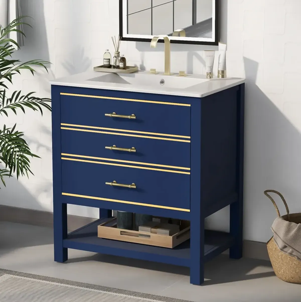 Modern 30inch Navy Blue/White Bathroom Vanity Cabinet Combo with Open Storge, Two Drawers