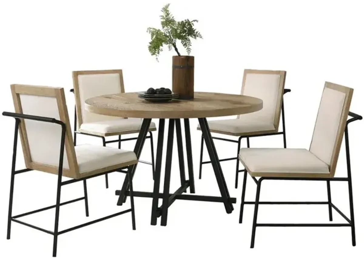 Tate Oak Finish 47" Round Dining Table Set with Cream Color Upholstered Chairs