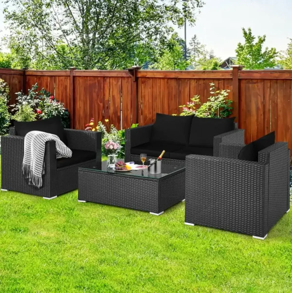 Hivvago 4 Pieces Patio Rattan Conversation Set with Padded Cushions