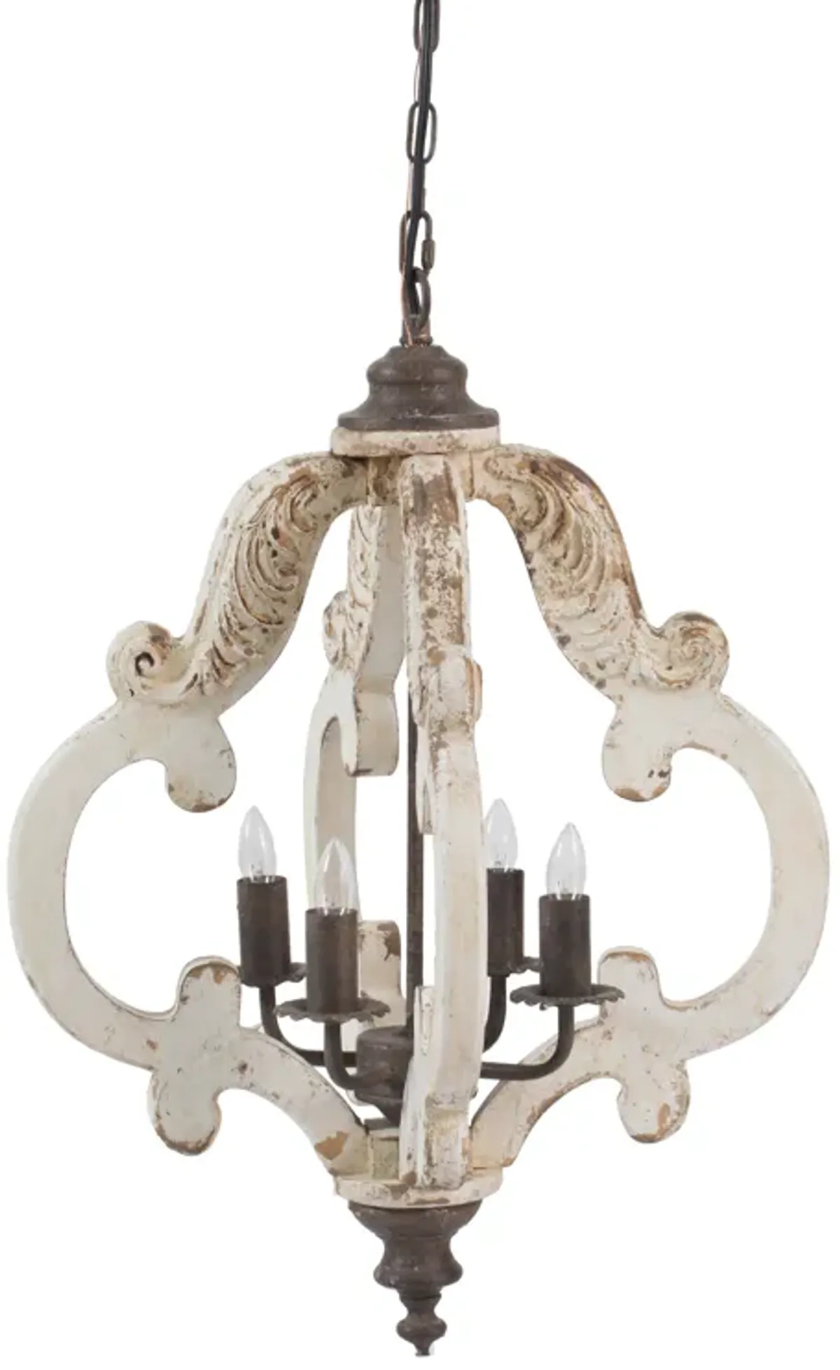 20 Inch 4 Light Wood Chandelier, Classic Candelabra Style, Vintage, White-Benzara