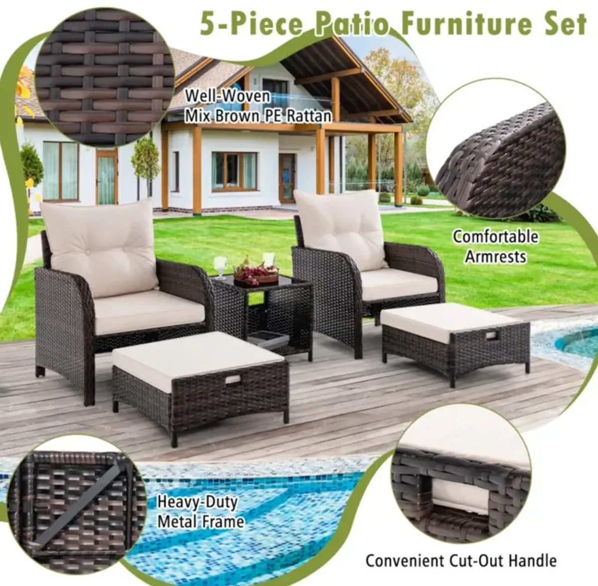 Hivvago 5 Piece Patio Conversation Set Outdoor Rattan Sofa Set with Coffee Table