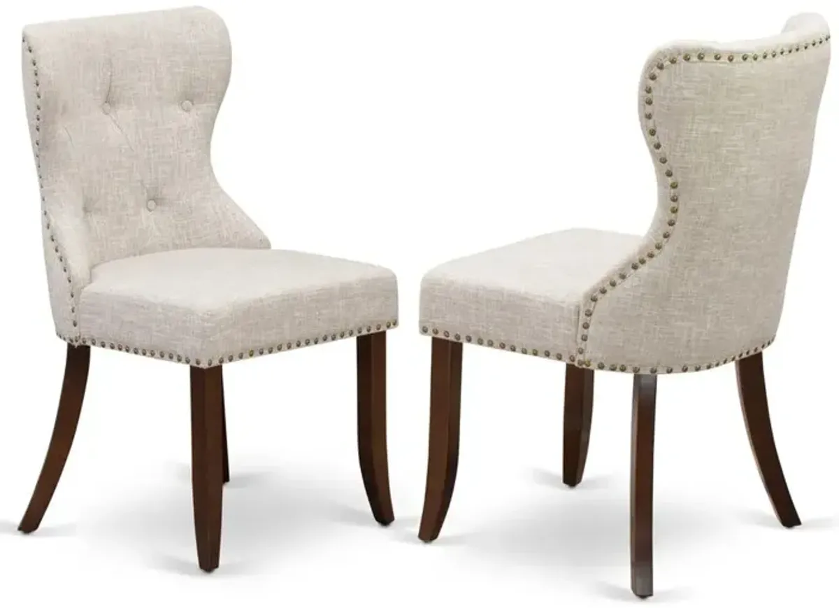East West Furniture East-West Furniture PSSI3-MAH-35 - A dinette set of 2 fantastic parson chairs using Linen Fabric Doeskin color and an attractive 12 butterfly leaf rectangle kitchen table in Mahogany Finish