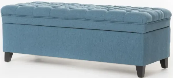 Rhya Storage Ottoman Bench, Soft Blue Fabric, Black Wood, 50 Inch - Benzara