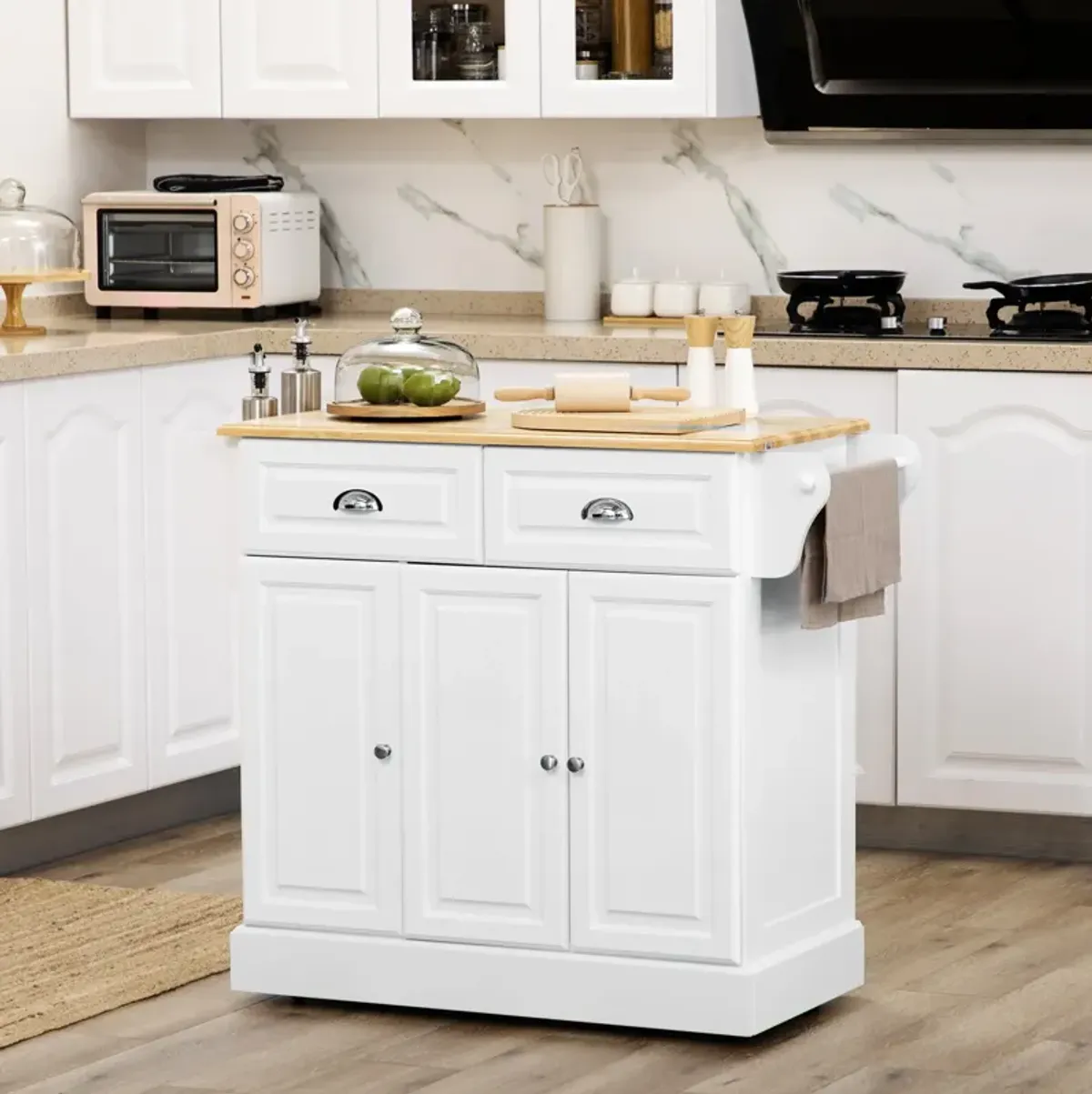 White Kitchen Organizer: Rolling Island Cart with Rubber Wood Top