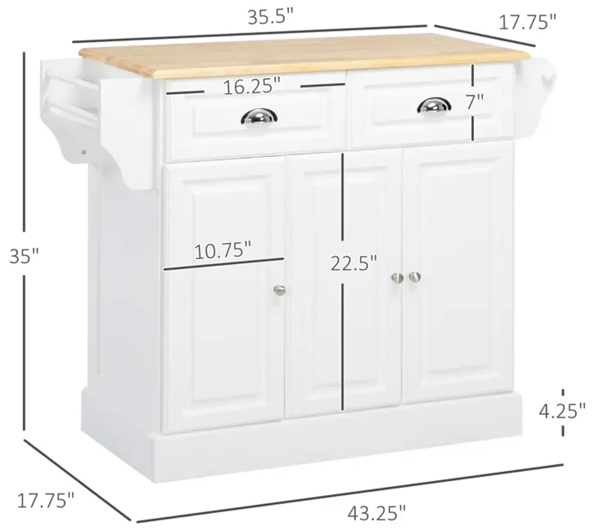 White Kitchen Organizer: Rolling Island Cart with Rubber Wood Top