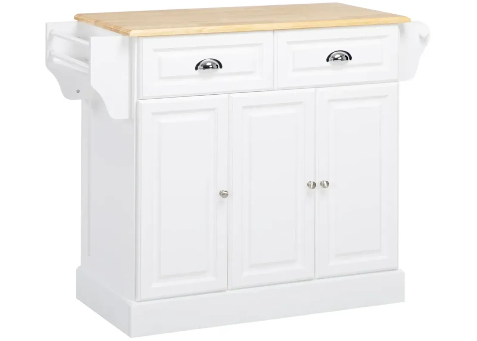 White Kitchen Organizer: Rolling Island Cart with Rubber Wood Top