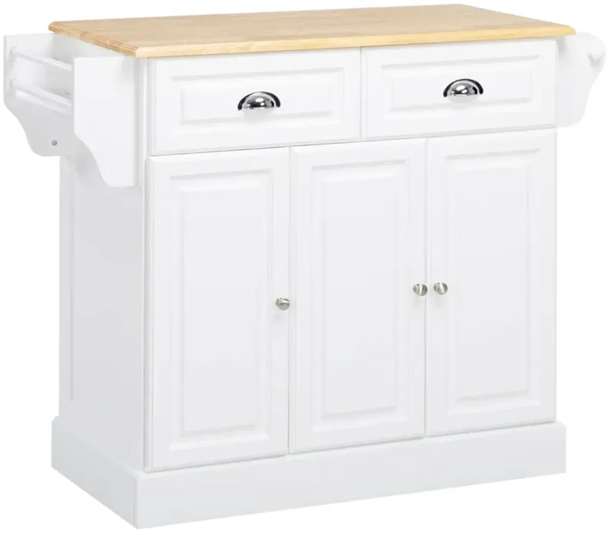 White Kitchen Organizer: Rolling Island Cart with Rubber Wood Top