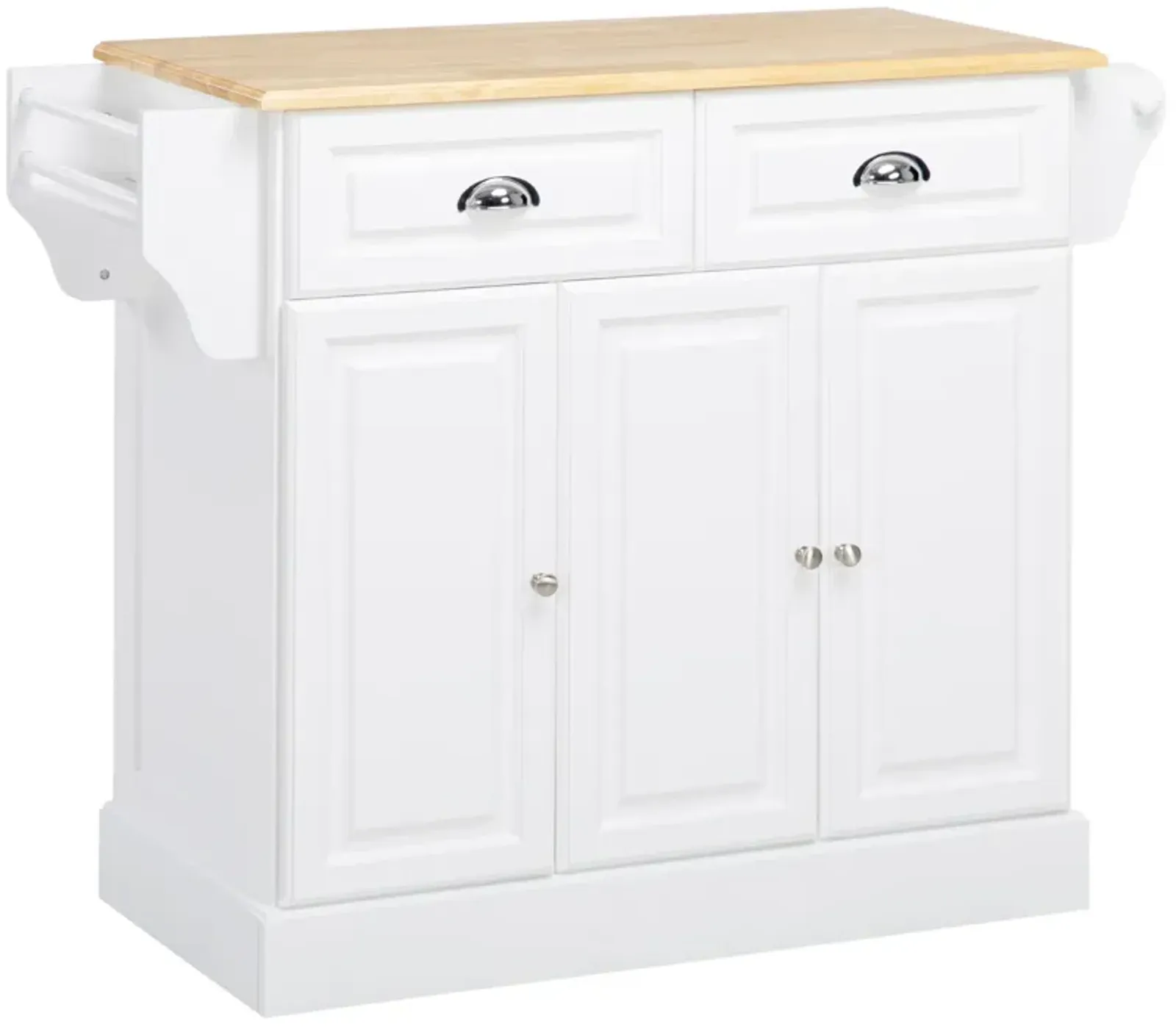 White Kitchen Organizer: Rolling Island Cart with Rubber Wood Top