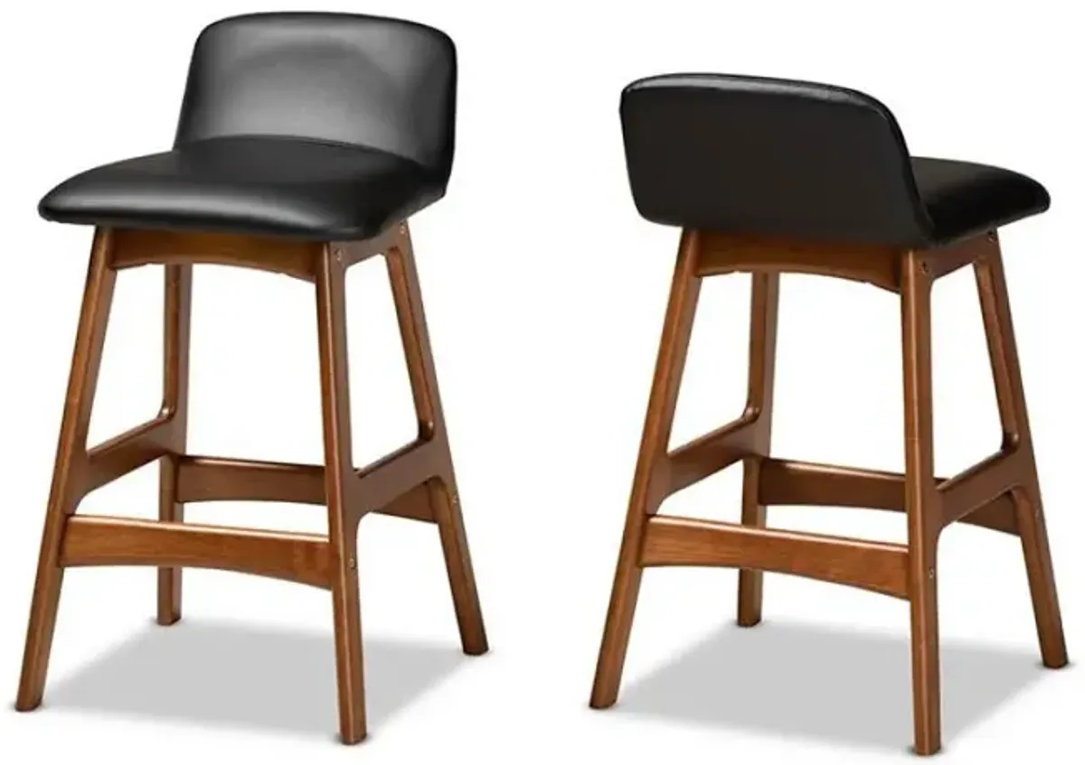 Leather Upholstered and Walnut Brown Finished Wood 2-Piece Counter Stool Set