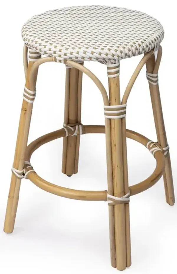 Butler Specialty Tobias Rattan Round 24 Counter Stool, White and Tan Dot