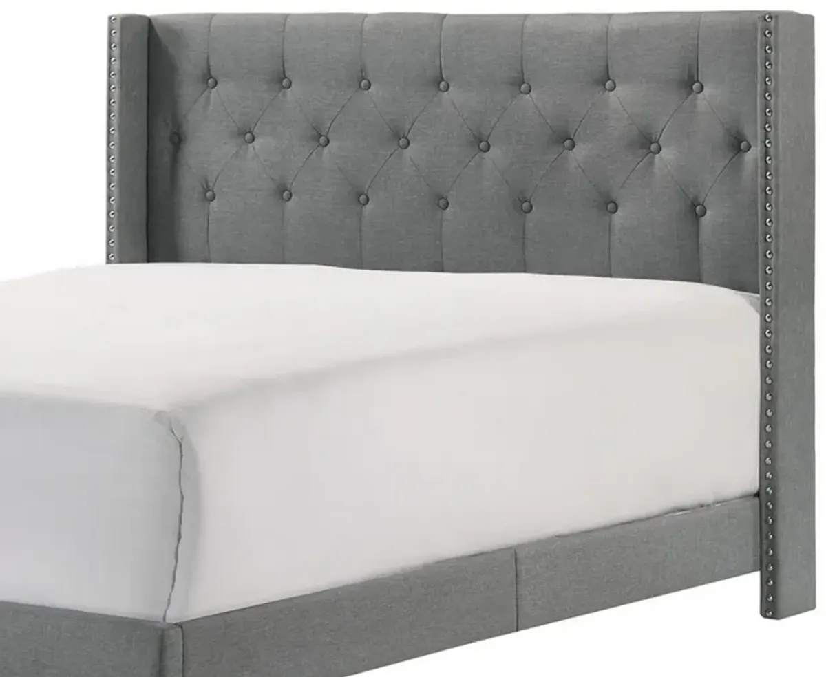 Lih Full Bed, Tufted Headboard, Wood Frame, Fabric, Black Legs, Gray - Benzara