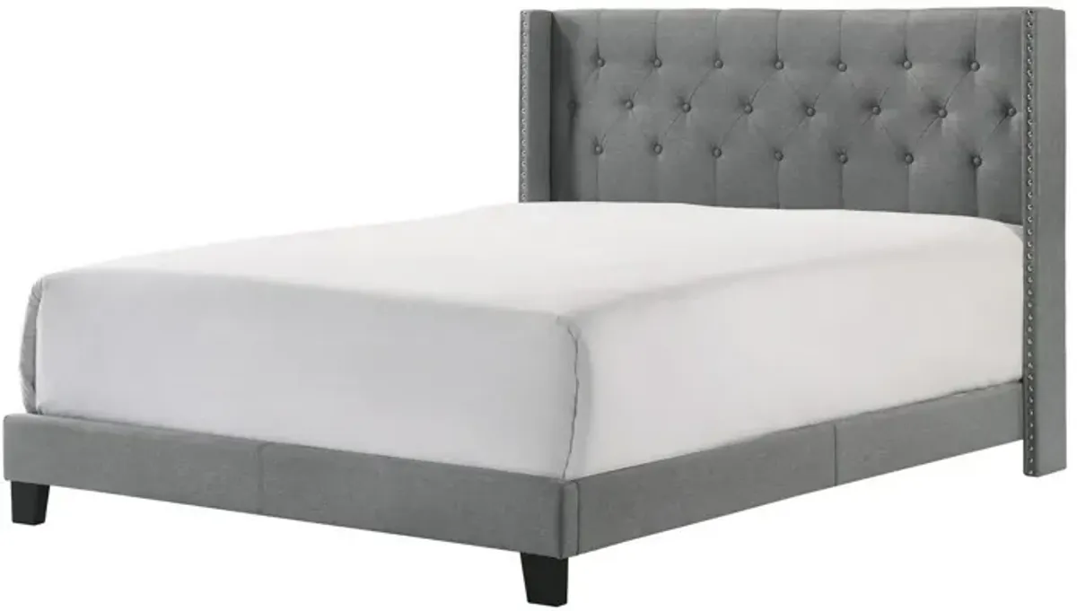 Lih Full Bed, Tufted Headboard, Wood Frame, Fabric, Black Legs, Gray - Benzara